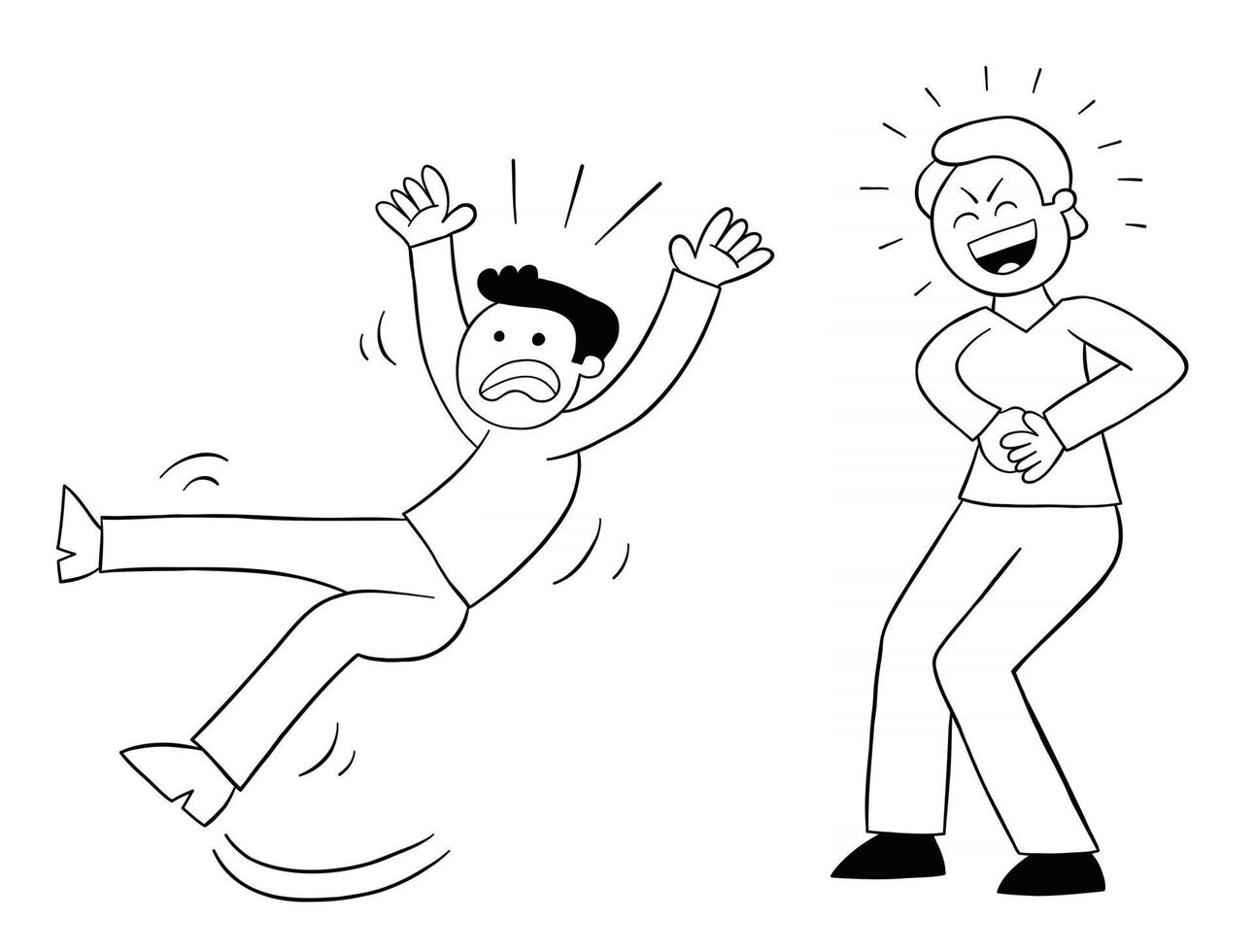 desenho animado homem escorrega e cai e seu mau amigo ri ilustração vetorial vetor