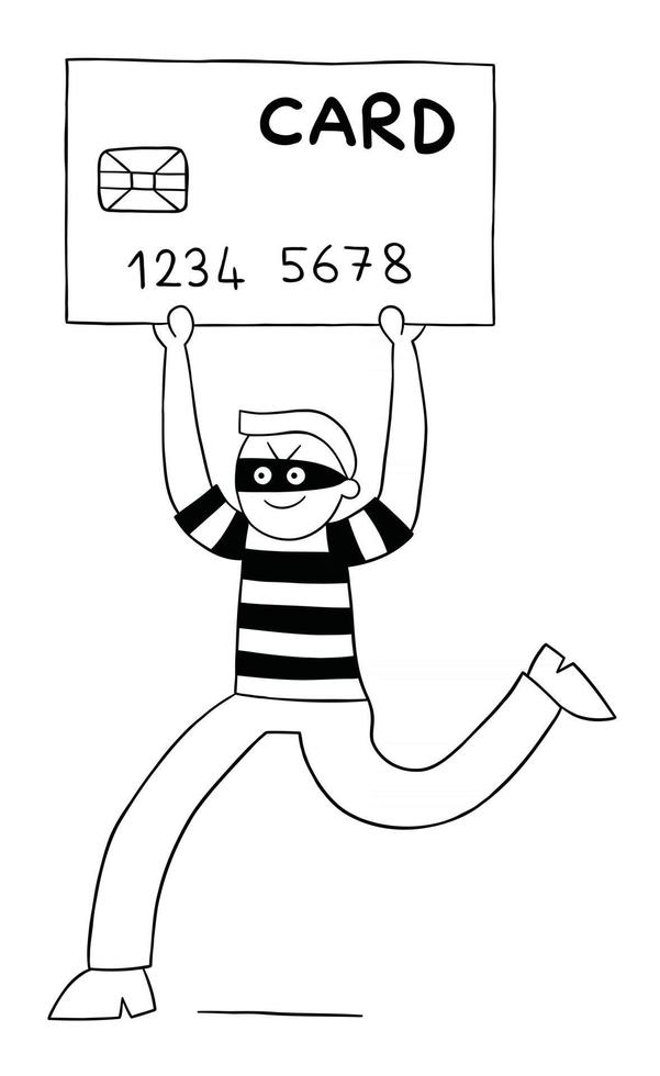 homem ladrão de desenho animado roubou cartão de crédito e executa ilustração vetorial vetor
