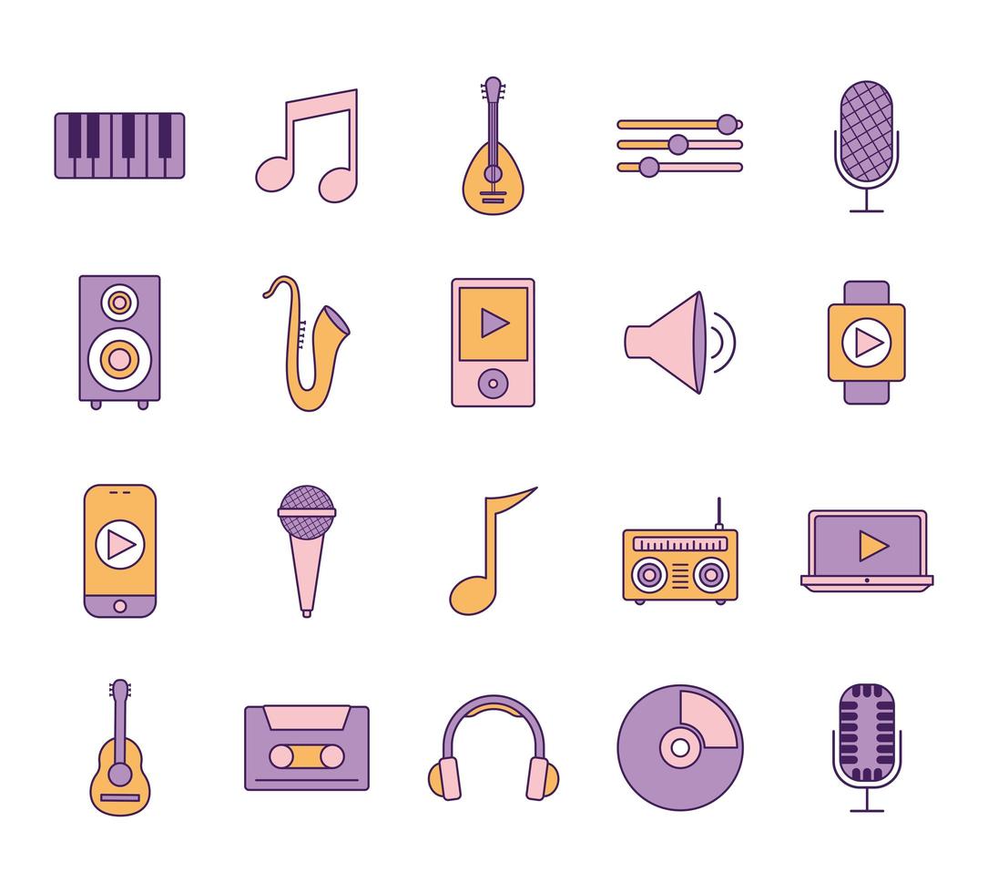 pacote de ícones da música em um fundo branco vetor