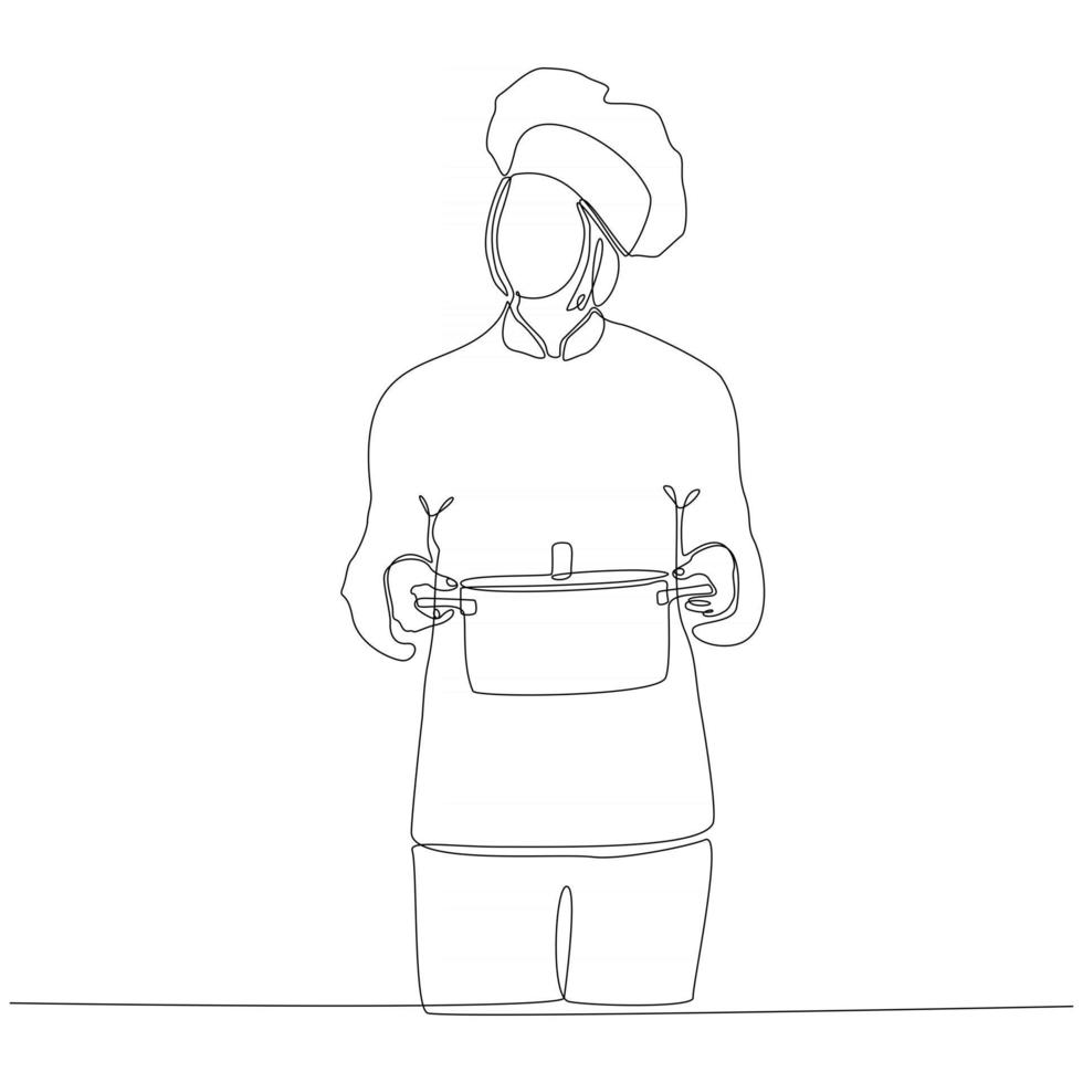desenho de linha contínua de chef feminino com wok carregando ilustração vetorial vetor