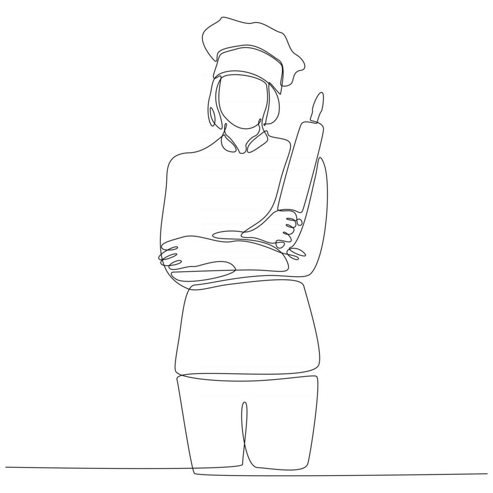 desenho de linha contínua de ilustração vetorial de chef feminino de confeitaria vetor