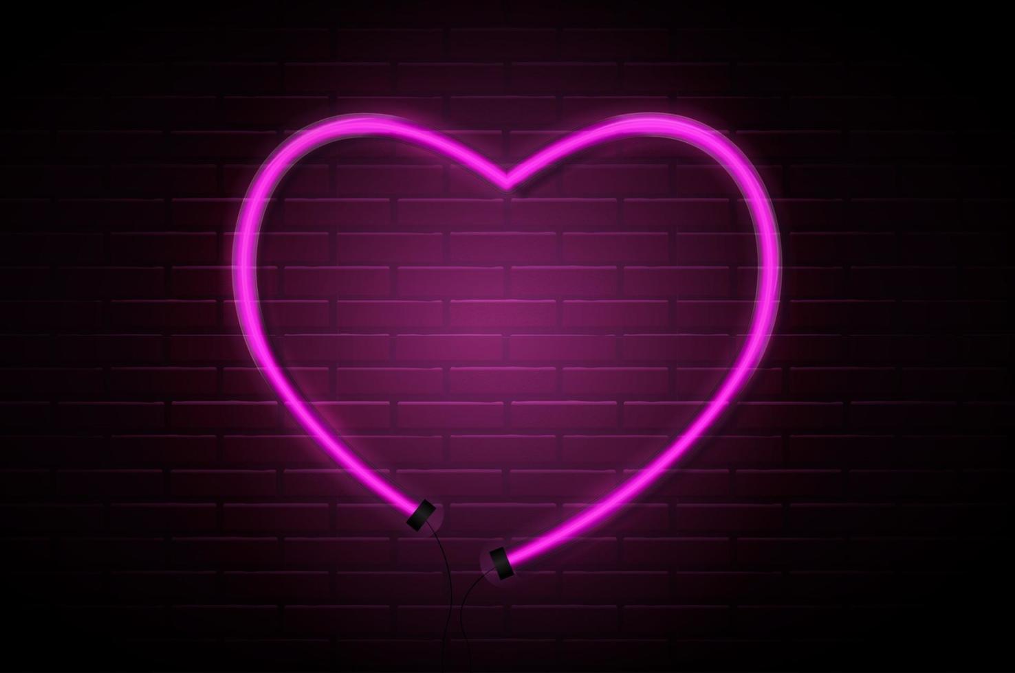 coração tubos de néon rosa brilhantes no fundo da parede de tijolo escuro. ilustração vetorial vetor