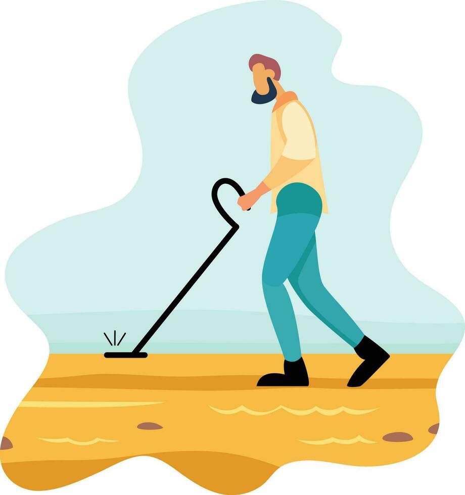 homem com uma metal detector em uma de praia plano estilo estoque vetor imagem, cara caminhando com uma pulso indução metal detector, procurando para metal objetos em a de praia estoque vetor imagem