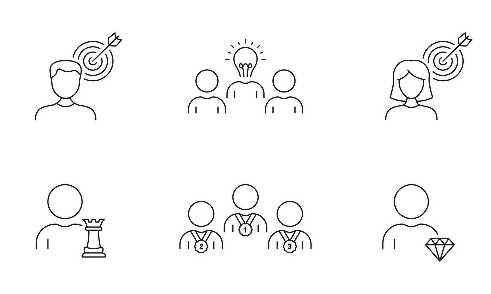 o negócio alvo e Liderança linha ícone definir. objeto orientado e estratégico pessoas linear pictograma. eficiência chuva de ideias esboço símbolo. trabalho em equipe placa. editável AVC. isolado vetor ilustração.