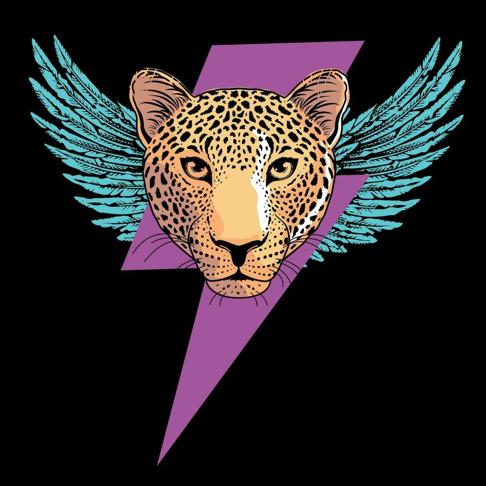 raio símbolo camiseta Projeto com leopardo cabeça e asas.vetor ilustração Boa para ameaçadas de extinção espécies dia vetor