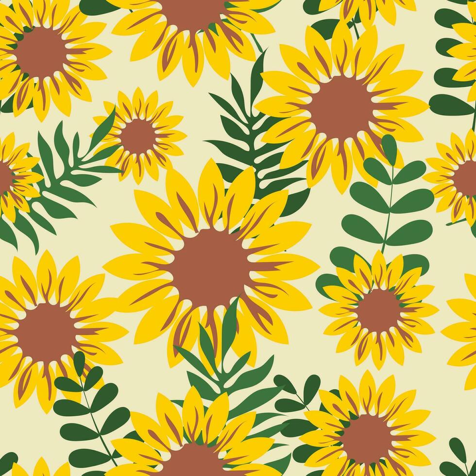 amarelo girassol flores com verde folhas crio uma desatado padronizar em uma bege fundo para têxteis, tecidos. vetor. vetor