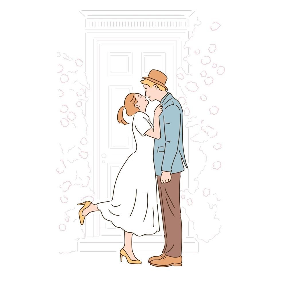 lindo casal beijando no jardim romântico. mão desenhada estilo ilustrações vetoriais. vetor
