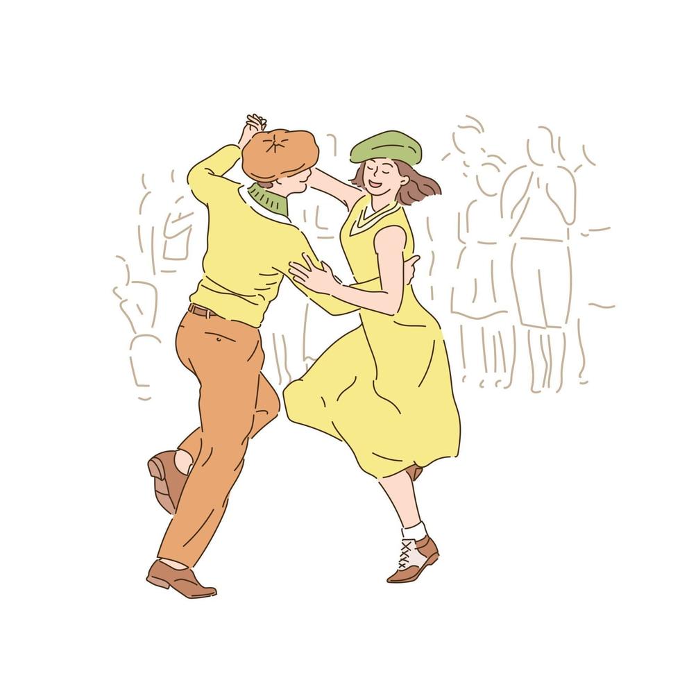 dançarinos fazendo uma dança clássica retrô. mão desenhada estilo ilustrações vetoriais. vetor
