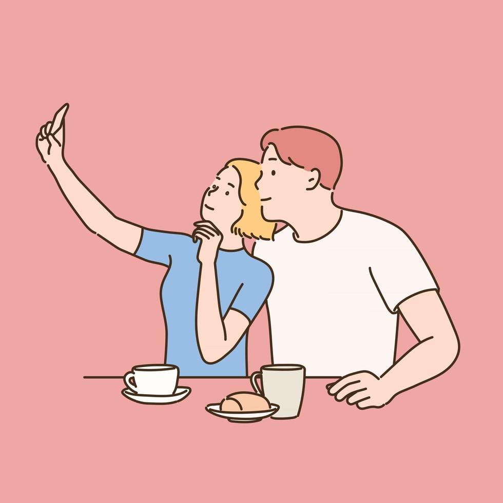 um casal está sentado em um café e tirando uma selfie com o telefone. mão desenhada estilo ilustrações vetoriais. vetor