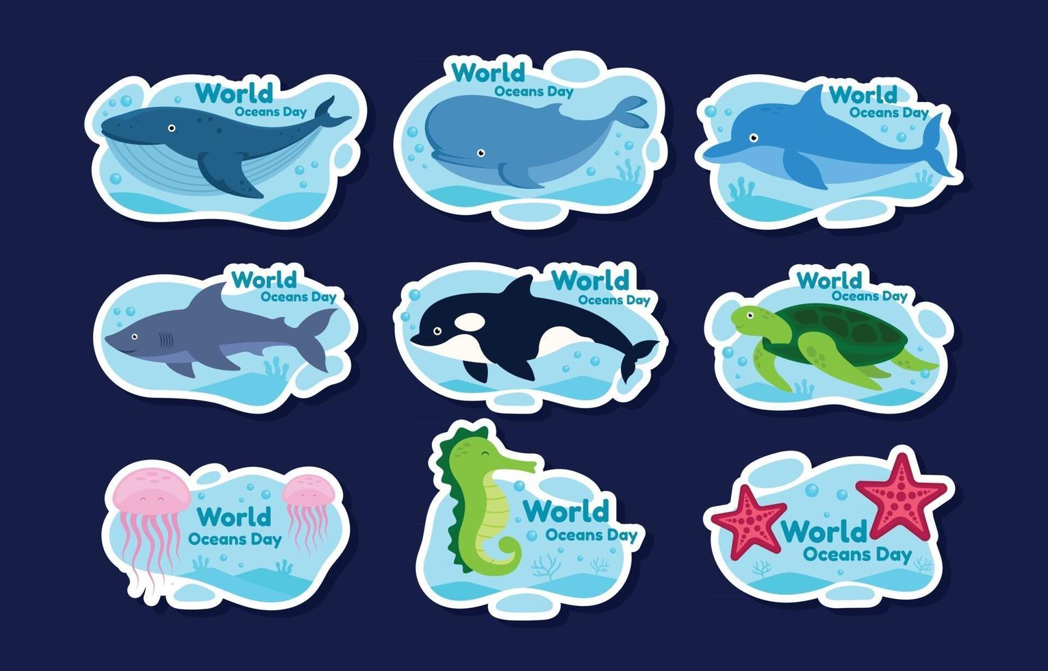 conjunto de adesivos do dia mundial dos oceanos vetor