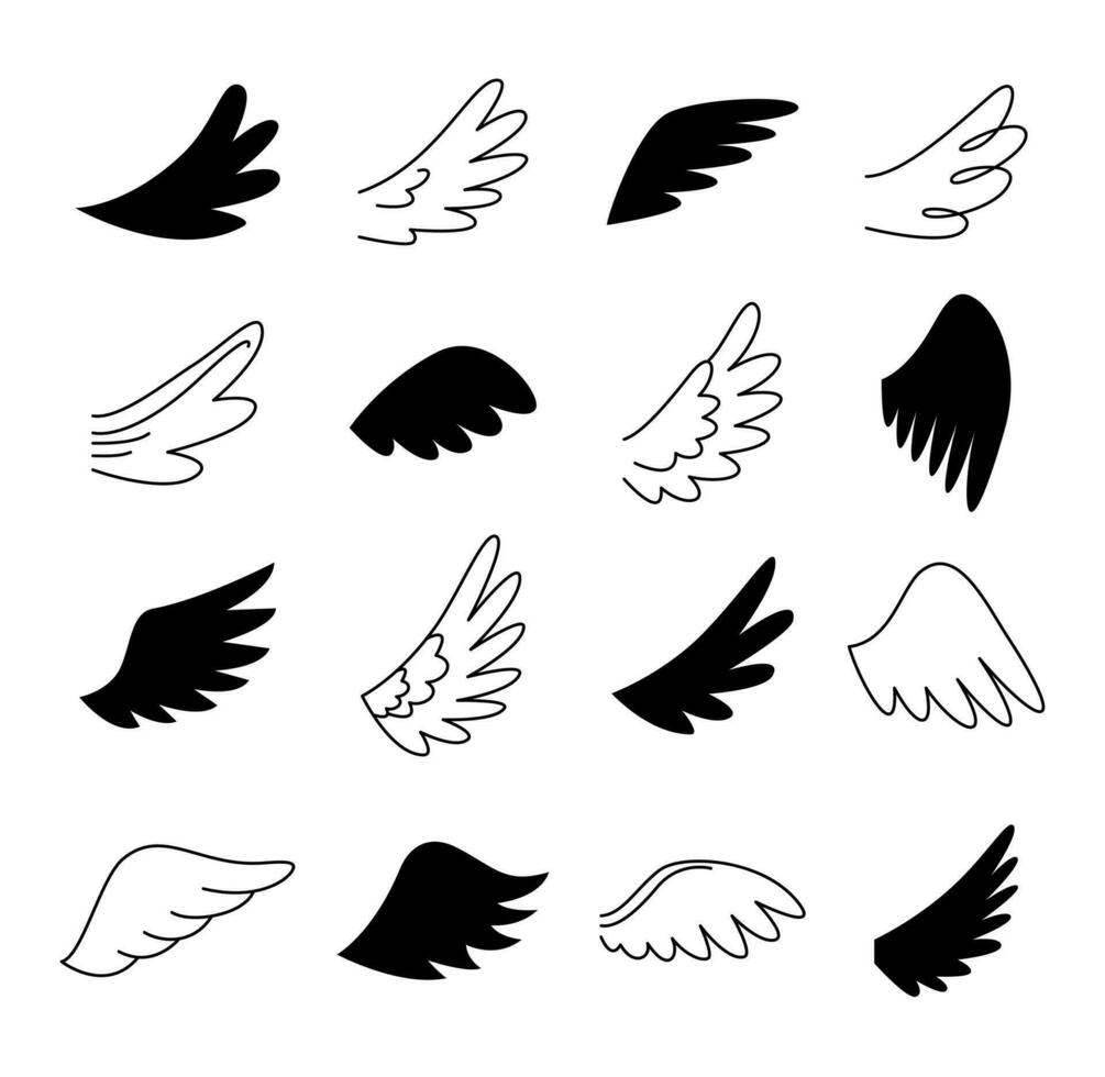 esboço do anjo asas. alado rabisco ícone definir, esboço e silhueta. anjos e pássaros vetor símbolos isolado, mão desenhado vetor rabisco
