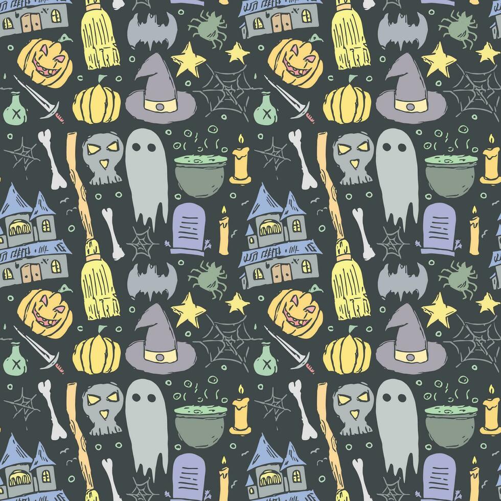 padrão de halloween sem costura. fundo de dia das bruxas doodle vetor