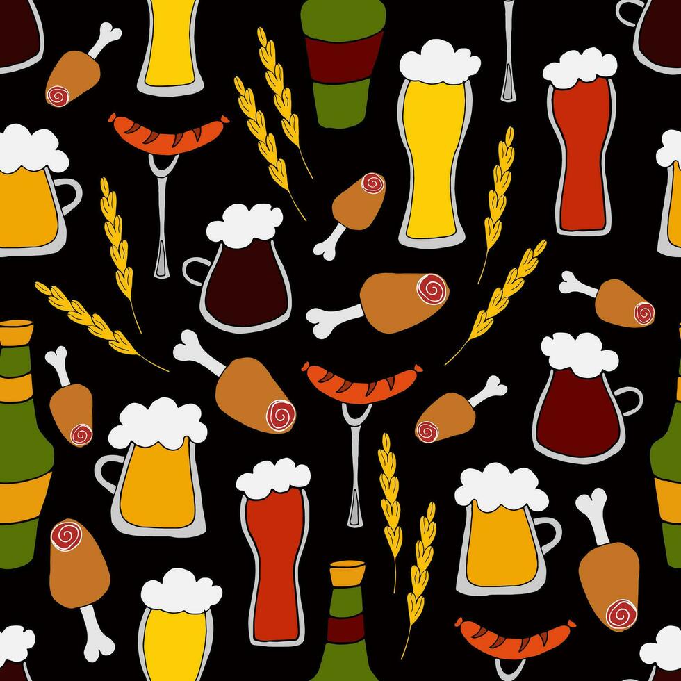 vetor rabisco ilustração - desatado padronizar diferente tipos do Cerveja dentro canecas, óculos e garrafas com lanches em Preto fundo. oktoberfest Cerveja festival. para para embalagem, rede projeto, papel de parede