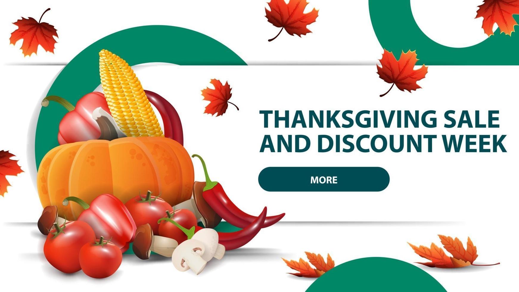 Venda de ação de graças e semana de desconto, banner web de desconto horizontal branco com desenho de círculo criativo e colheita de outono vetor