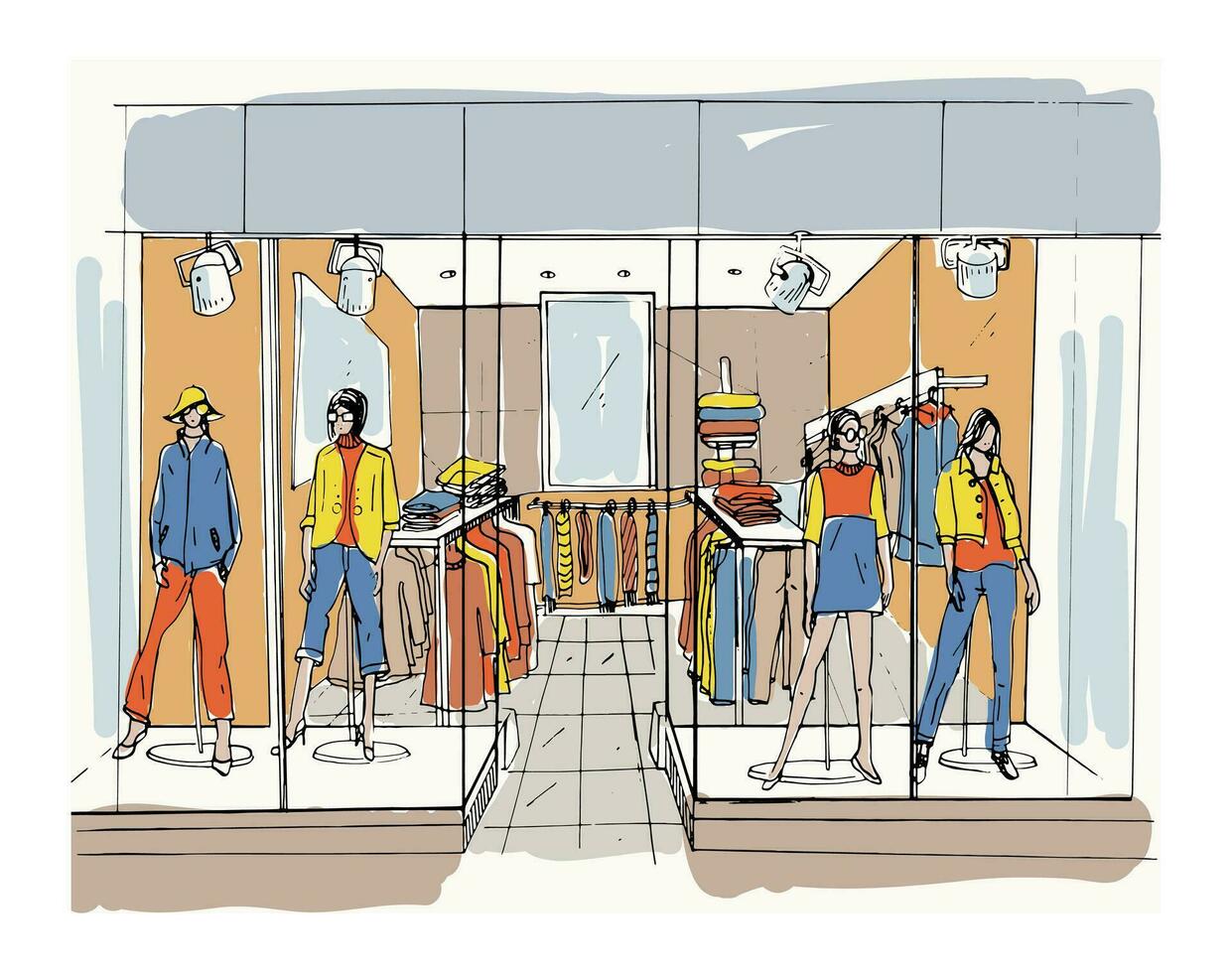 moderno interior butique, compras Centro, Shopping com roupas. contorno esboço ilustração. vetor