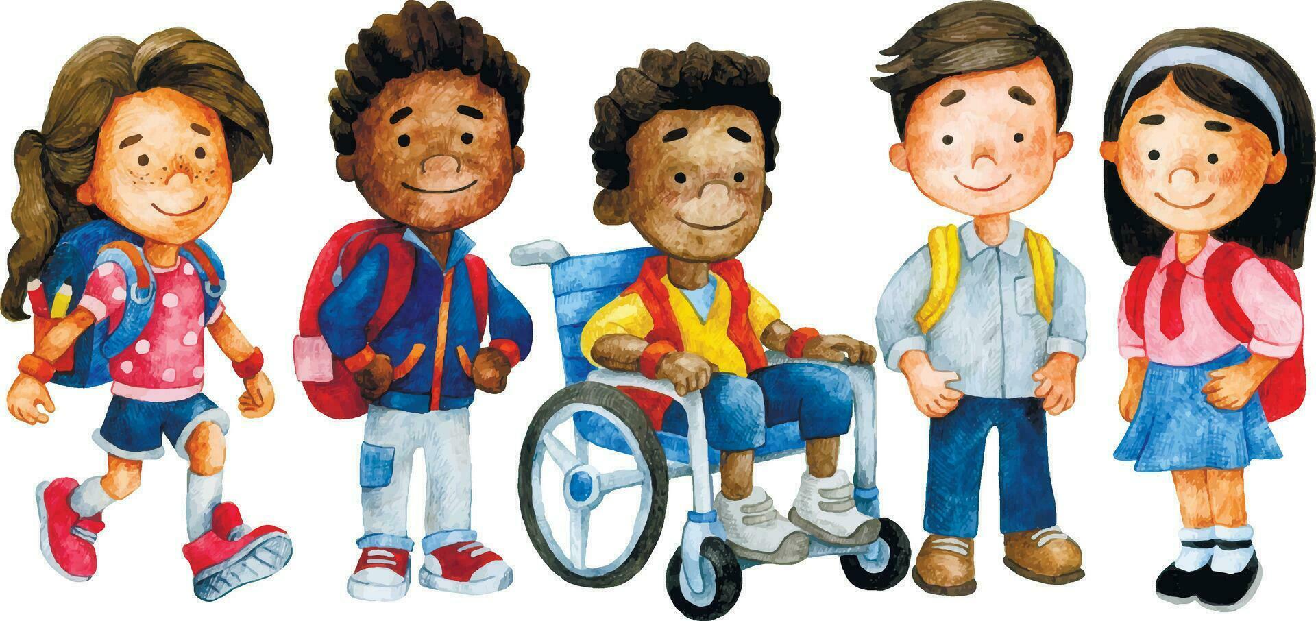 uma grupo do escolares do diferente nacionalidades. tema costas para escola, inclusão. criança dentro uma cadeira de rodas. aguarela desenhando vetor