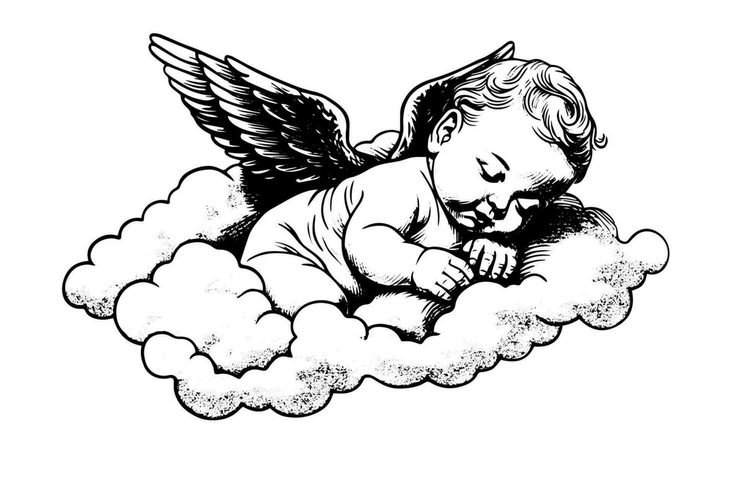 mão desenhado gravação esboço do fofa pequeno anjo dormir em uma nuvem. vetor ilustração.