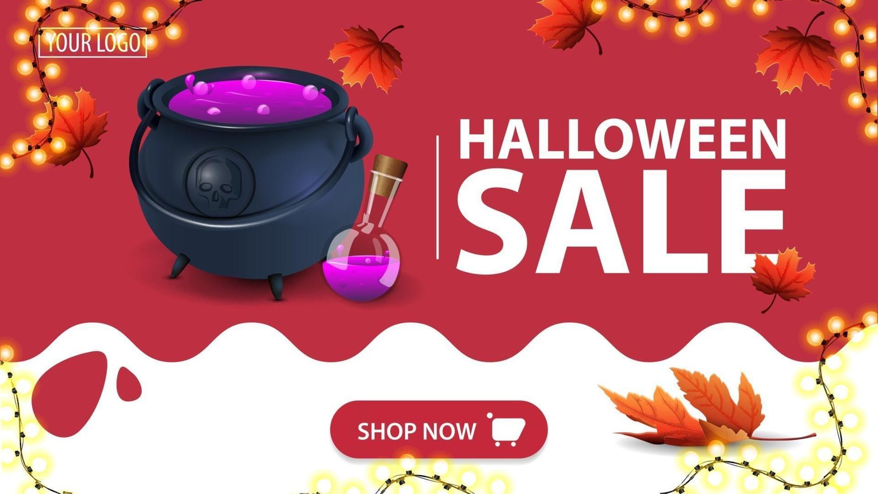 liquidação de halloween, banner de desconto vermelho com folhas de outono, botão, guirlanda e caldeirão de bruxa com poção vetor