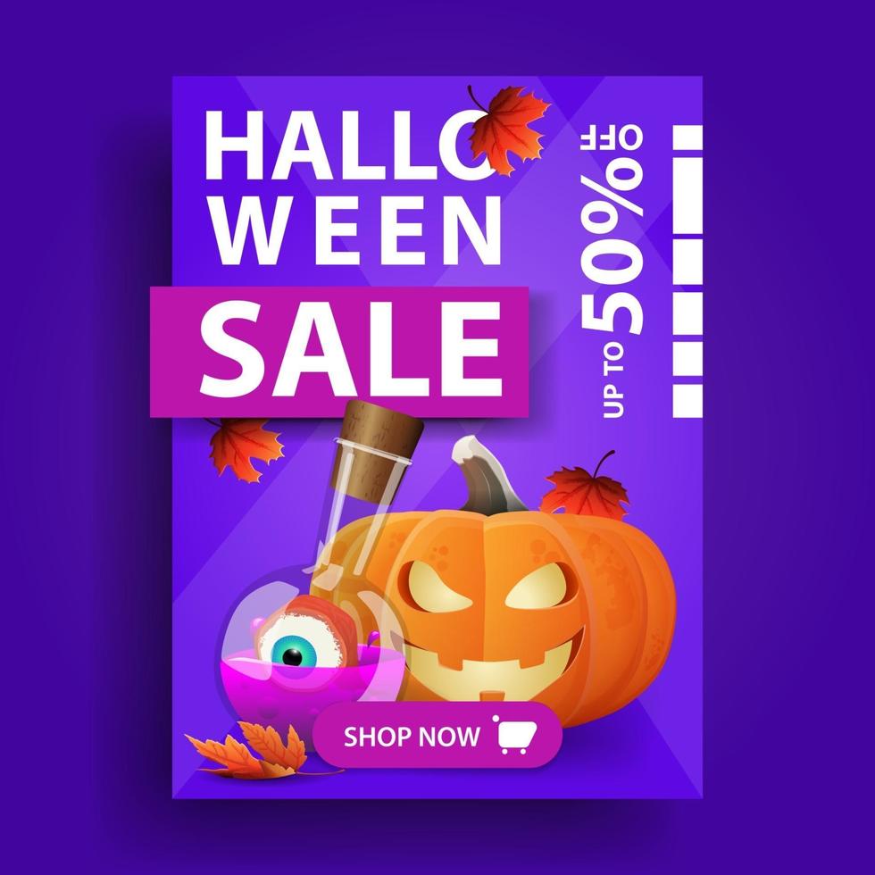 venda de halloween, banner azul vertical criativo com folhas de outono, botão, jack de abóbora e poção de bruxa vetor