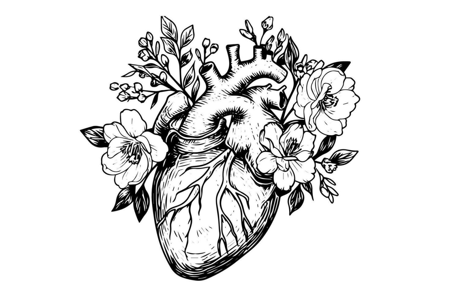 namorados dia cartão vintage ilustração. floral anatômico coração. vetor ilustração