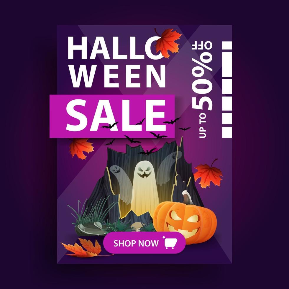 venda de halloween, banner roxo vertical criativo com folhas de outono, botão, portal com fantasmas e jack de abóbora vetor