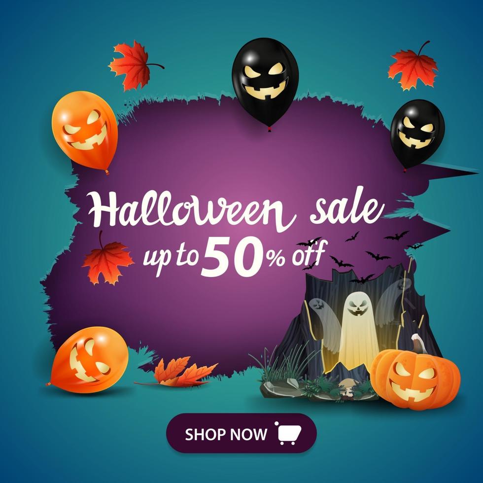 liquidação de halloween, até 50 de desconto, banner de desconto quadrado azul com buraco no papel, balões de halloween, folhas de outono, portal com fantasmas e jack de abóbora vetor