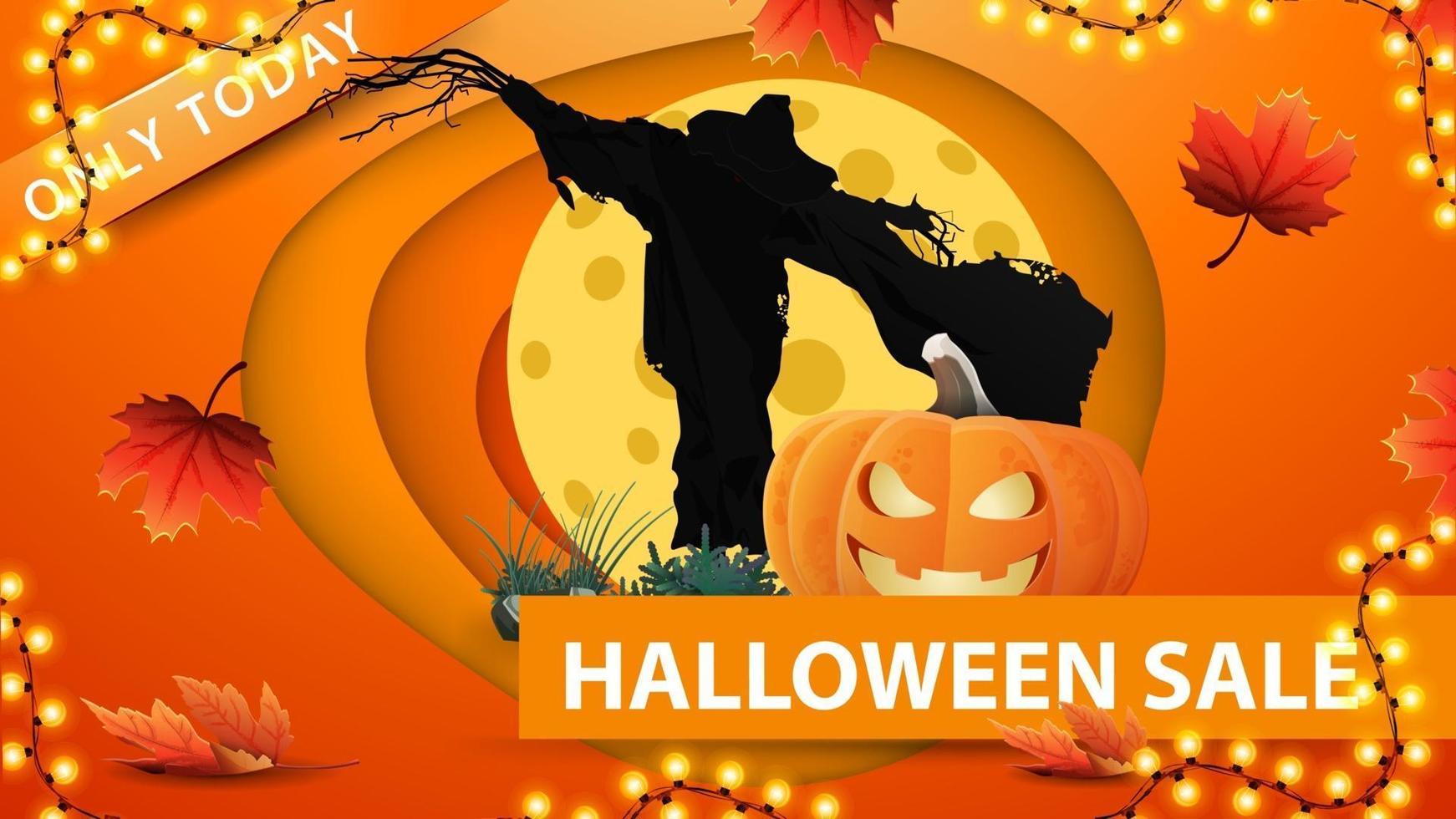 venda de halloween, banner de web de desconto laranja em estilo de corte de papel com espantalho e jack abóbora contra a lua. design moderno de banner de desconto vetor