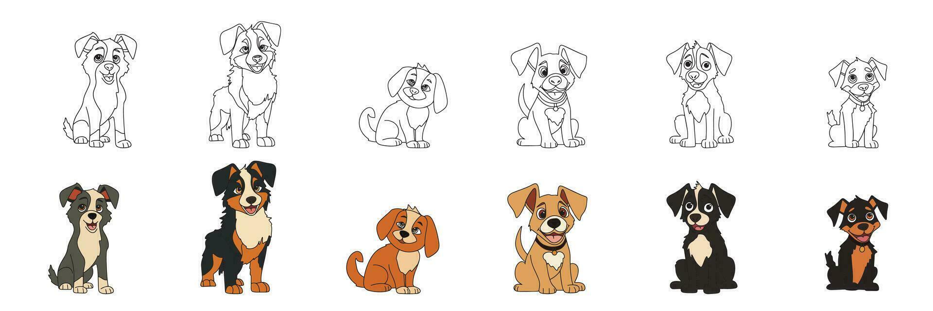 coleção do pequeno cachorro esboço e colori. vetor ilustração.