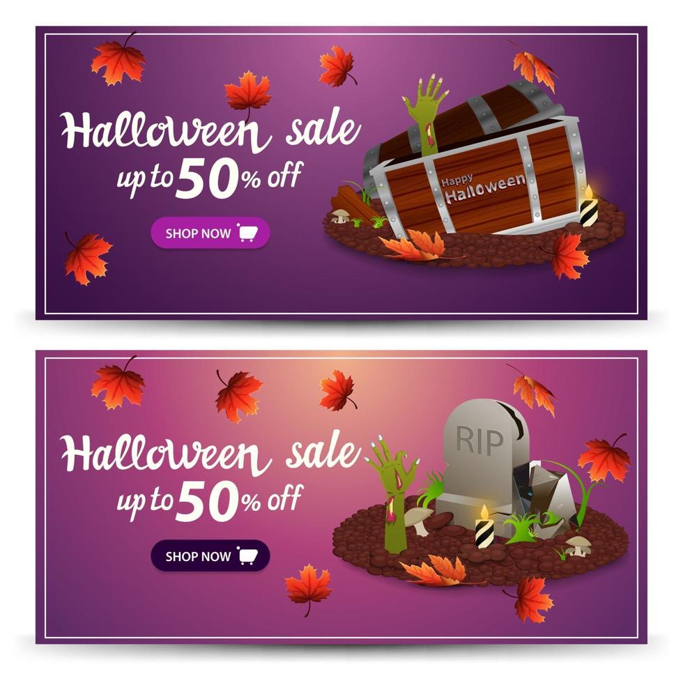 definir faixas de desconto de halloween, até 50 de desconto. banners de desconto rosa e roxo para o seu negócio vetor