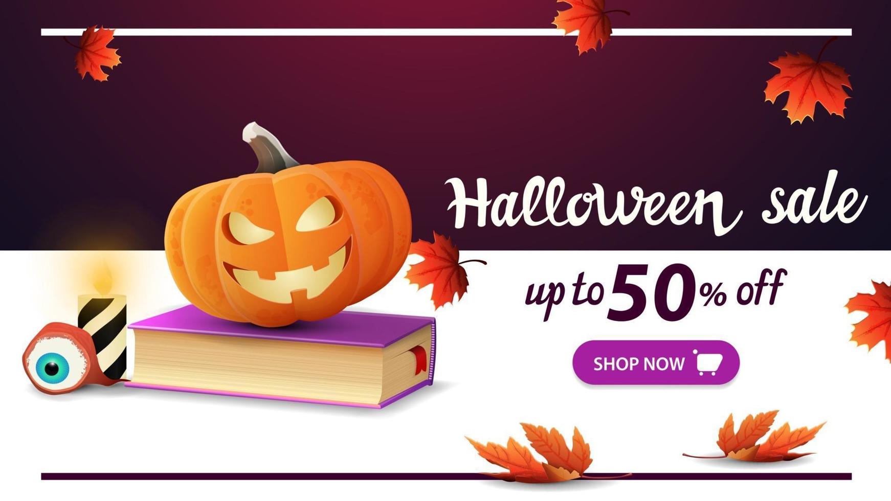 liquidação de halloween, até 50 de desconto, banner moderno com livro de feitiços e jack de abóbora. design moderno de banner de desconto com botão vetor