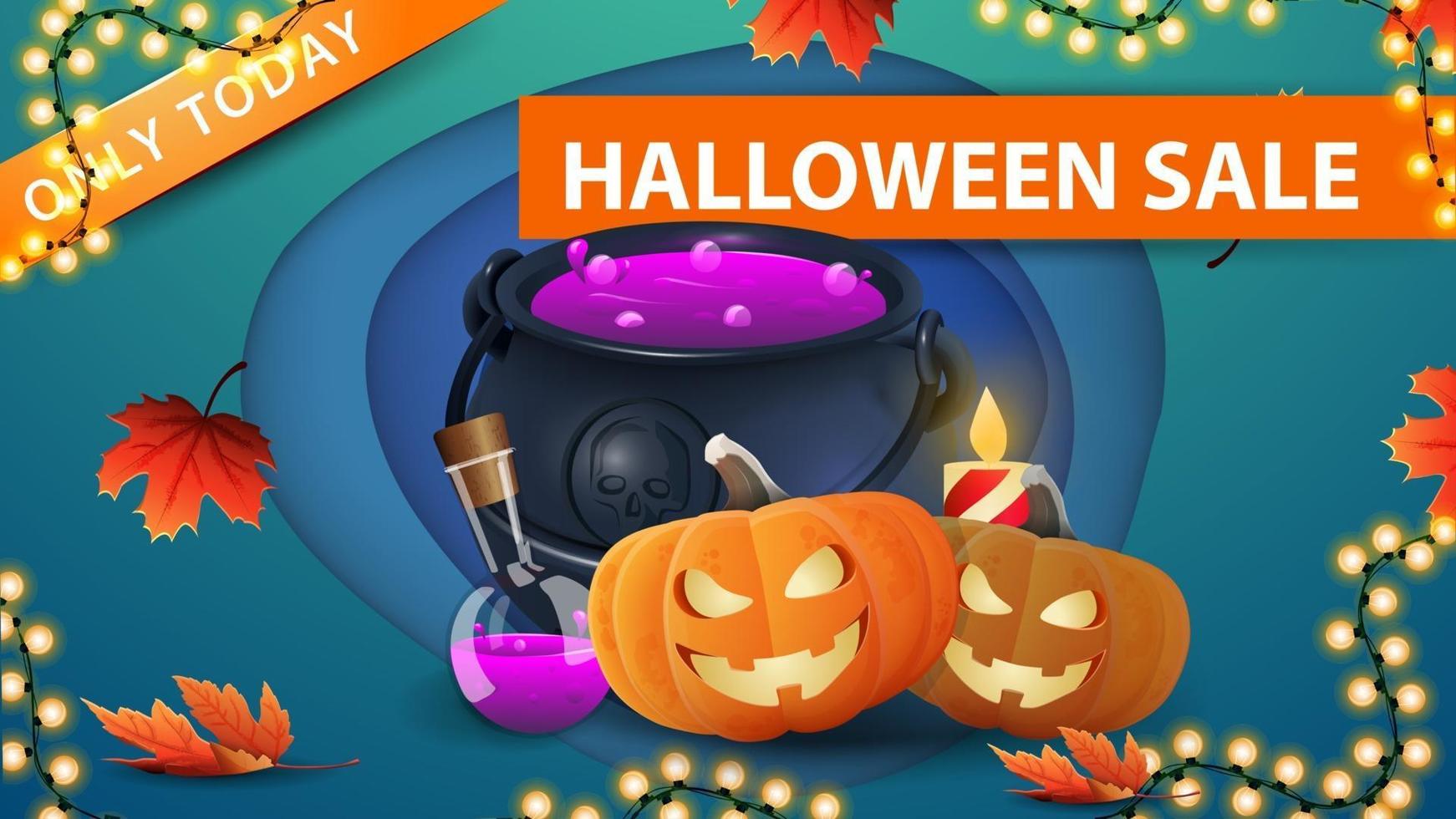 venda de halloween, banner web de desconto azul em estilo de corte de papel com caldeirão de bruxa e jack abóbora. design moderno de banner de desconto vetor