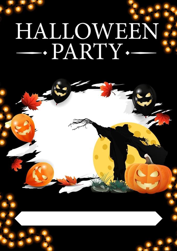 festa de halloween, pôster preto com balões de halloween, folhas de outono, espantalho e jack de abóbora contra a lua. modelo escuro para sua arte vetor