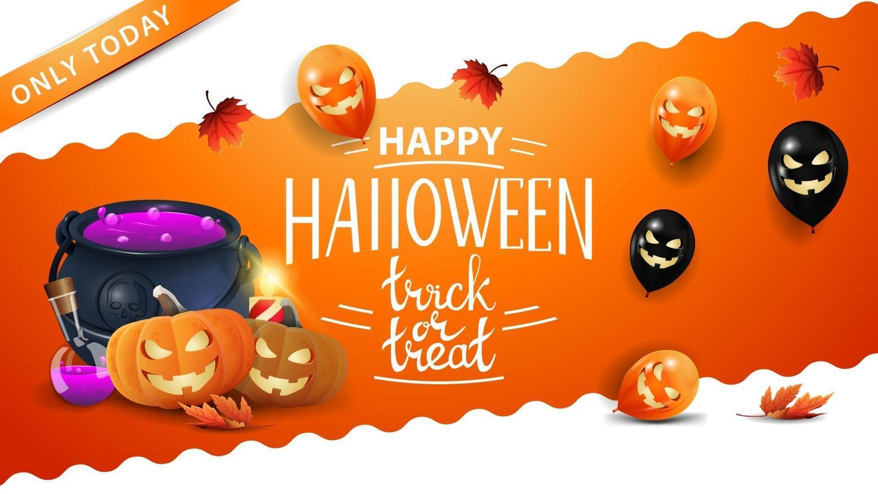 feliz dia das bruxas, doce ou travessura, banner laranja convite horizontal para site com. balões de halloween, folhas de outono, caldeirão de bruxa e jack de abóbora vetor