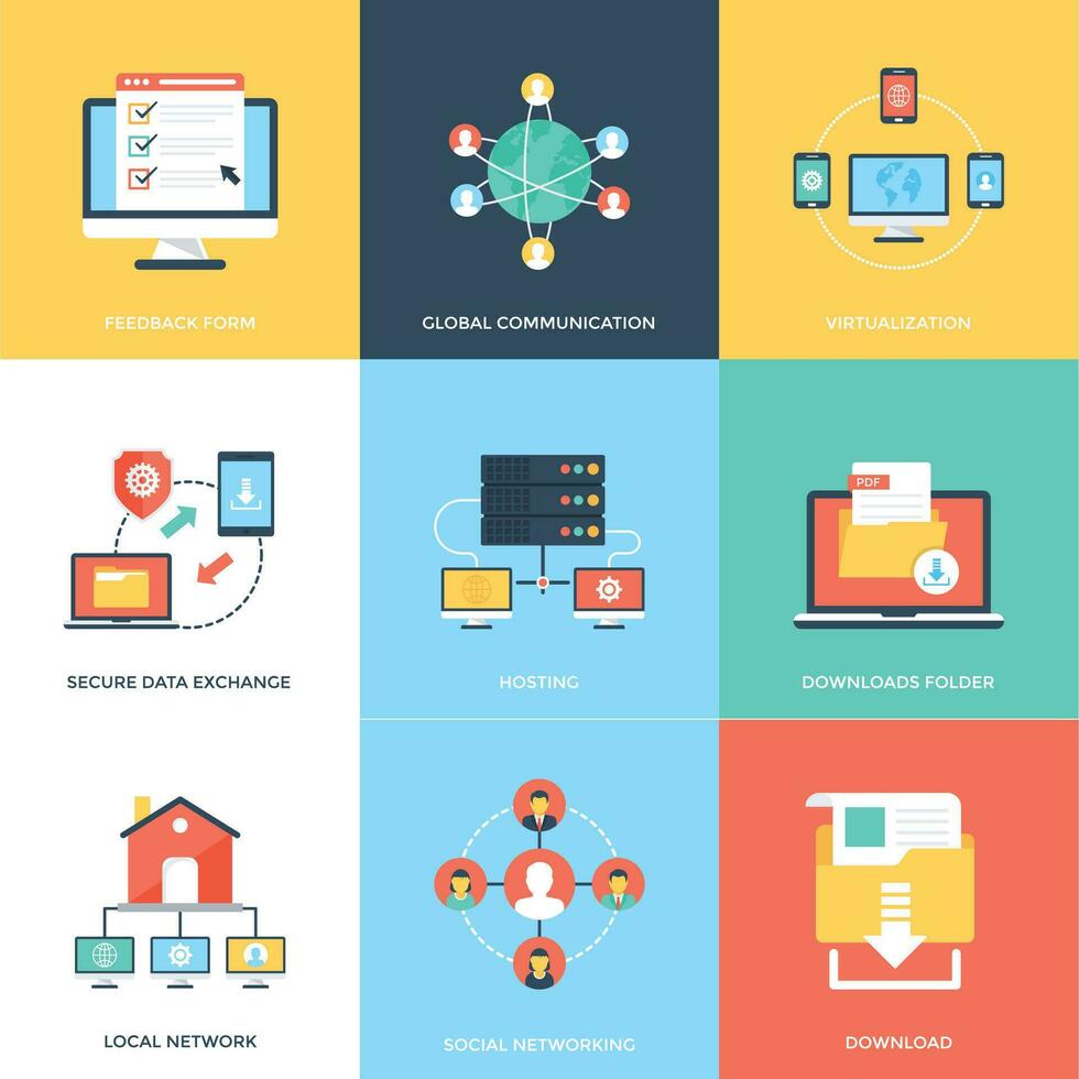 rede tecnologia e segurança plano ícones conjunto vetor