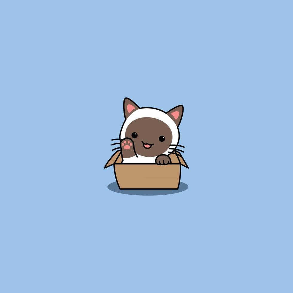 desenho animado bonito gato siamês acenando com a pata na caixa, ilustração vetorial vetor