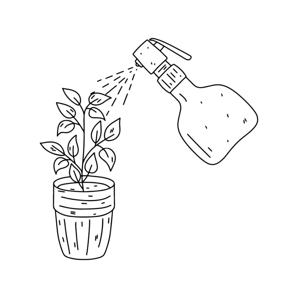 lavando a casa plantar. mão desenhado rabisco estilo. vetor ilustração isolado em branco. coloração página.