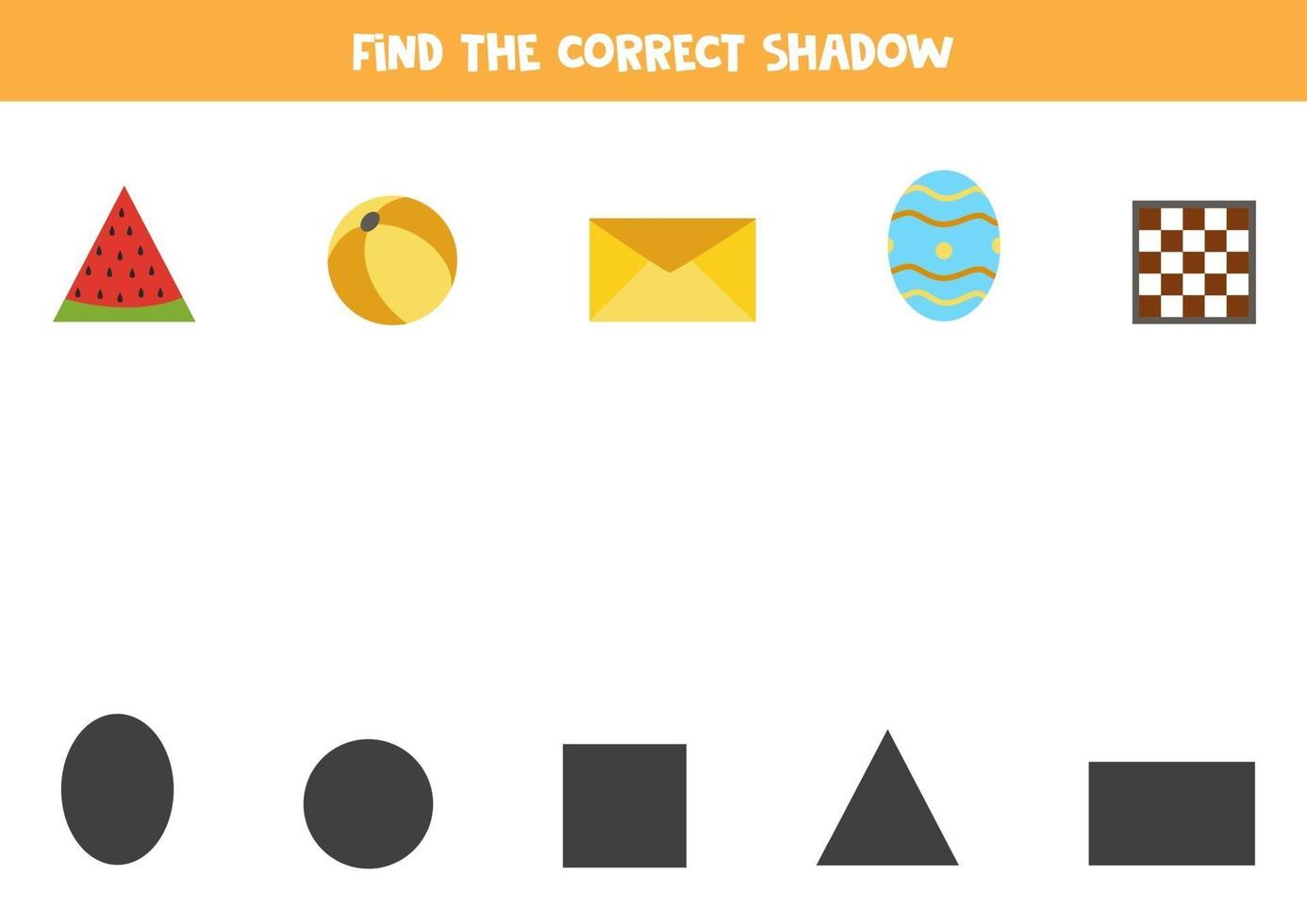 encontre as sombras corretas de objetos geométricos. quebra-cabeça lógico para crianças. vetor