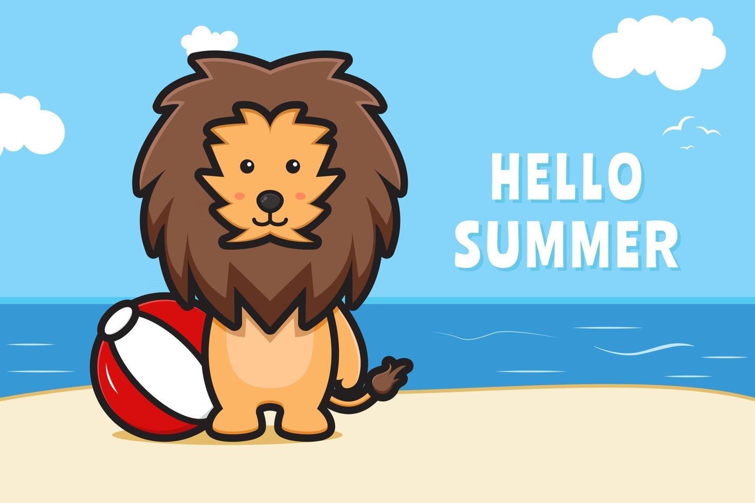 Leão fofo segurando uma bola com uma ilustração de ícone de vetor de desenho de banner de saudação de verão