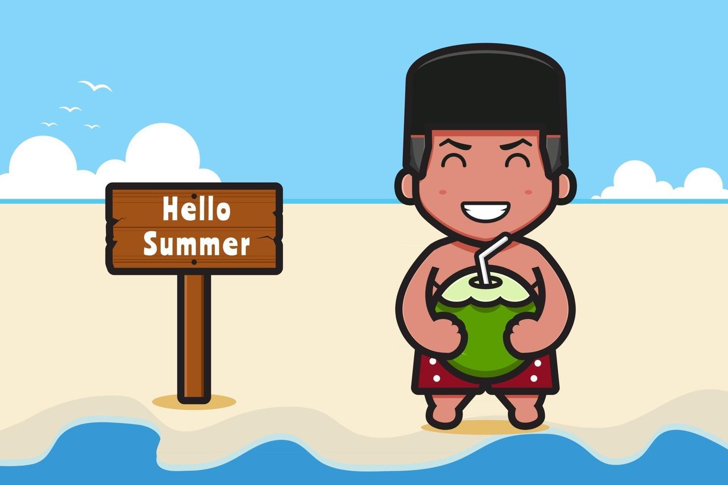 menino bonito segurando coco com uma ilustração de ícone de vetor de desenho de banner de saudação de verão