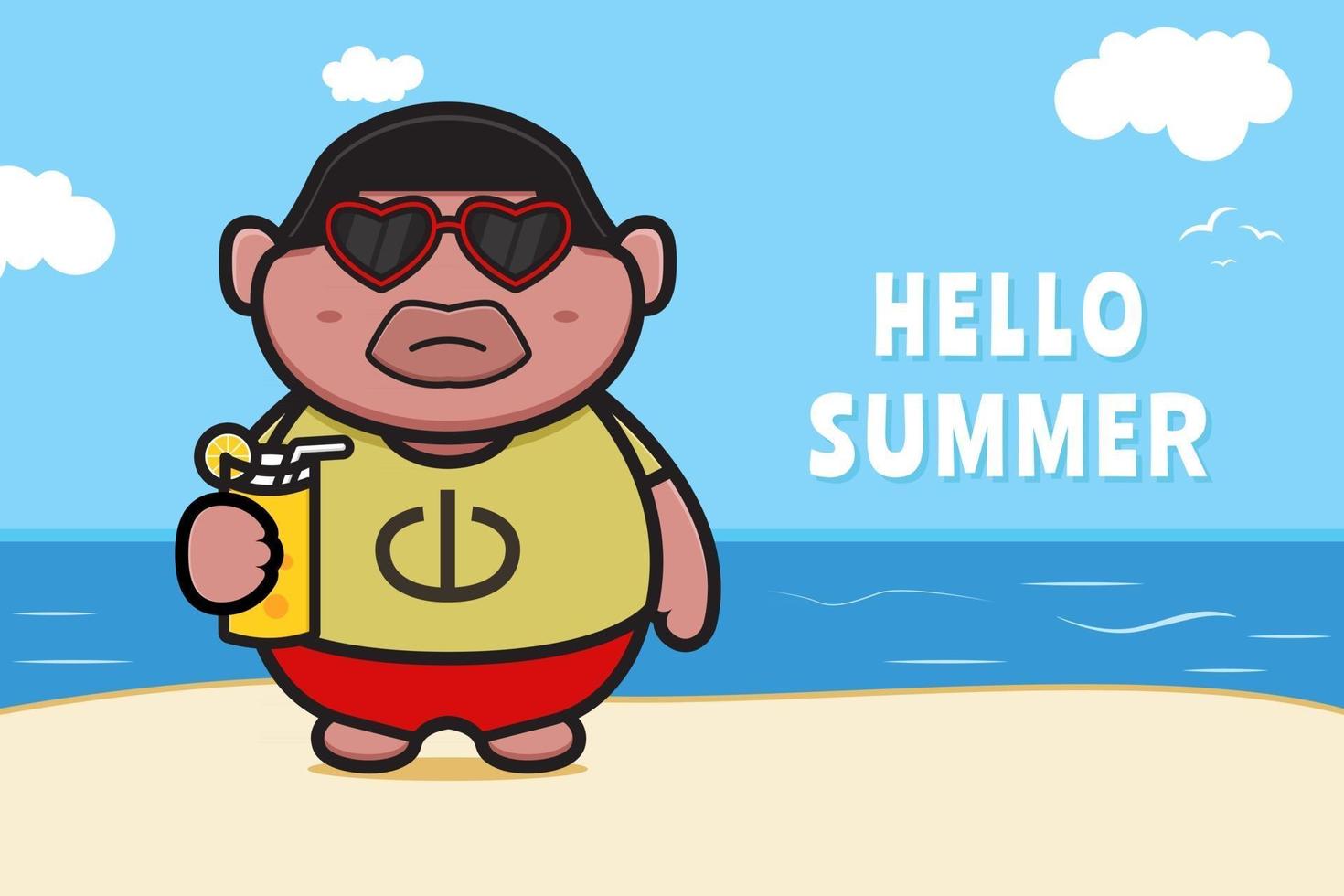 lindo menino gordo segurando suco de laranja com uma ilustração de ícone de vetor de desenho de banner de saudação de verão