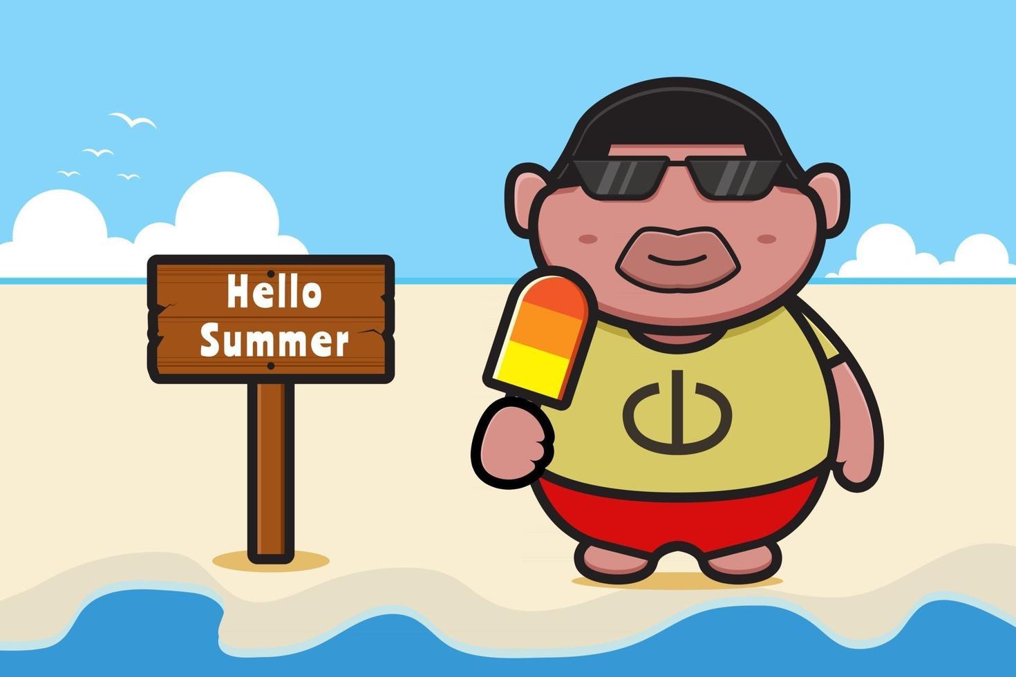 lindo menino gordo segurando sorvete com uma ilustração de ícone de vetor de desenho de banner de saudação de verão