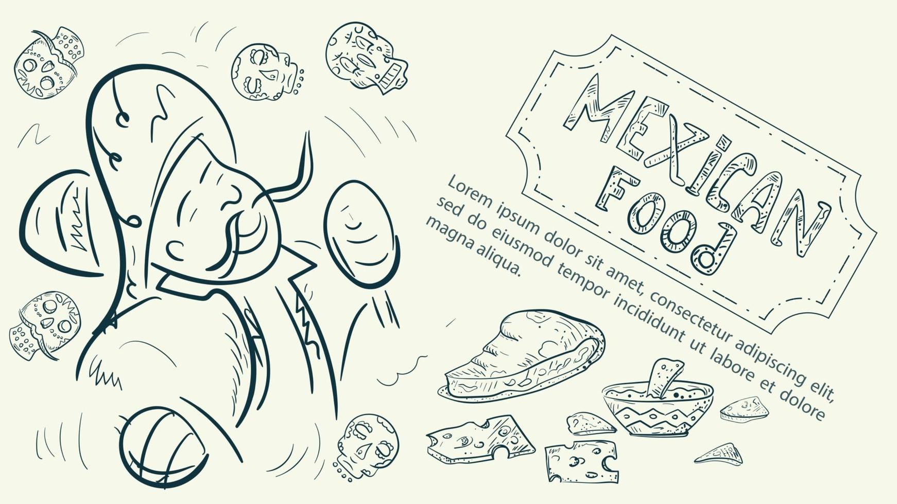 ilustração um esboço feito no estilo de um doodle desenhado à mão para um design sobre o tema comida nacional mexicana um mexicano em roupas nacionais com caveiras de maracas e molho picante vetor