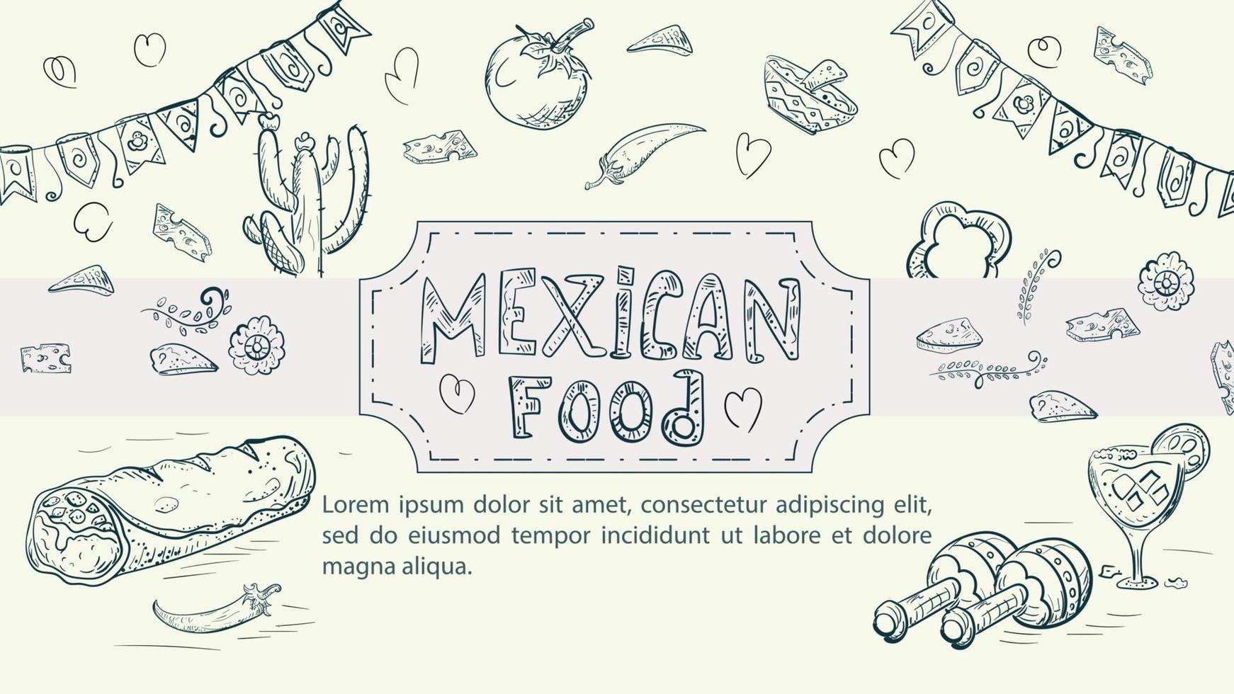 esboço de ilustração feito no estilo de um doodle desenhado à mão para um projeto sobre o tema comida nacional mexicana prato de burrito pimenta pimenta cactos maracas vetor