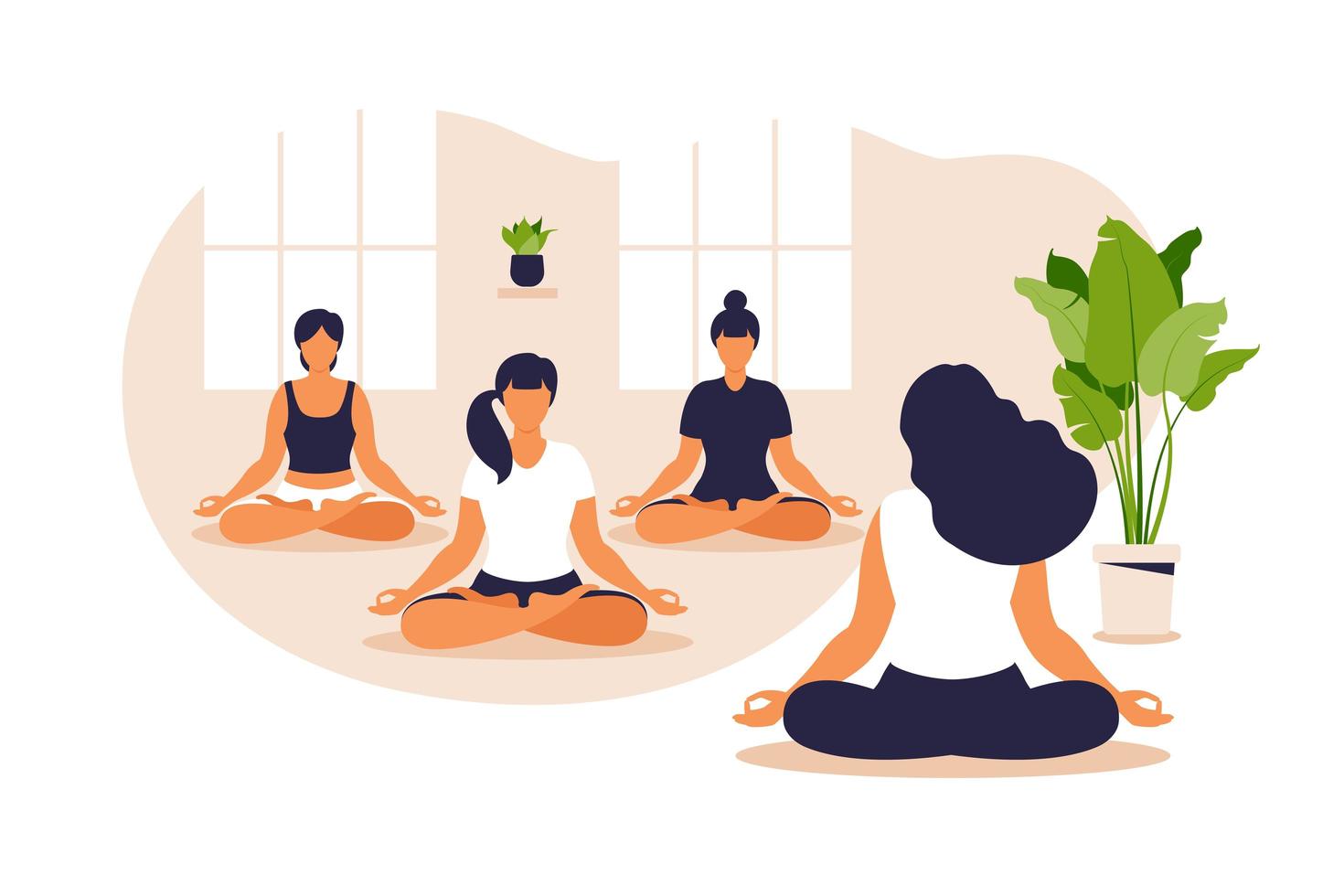 grupo de ioga. equilíbrio de posição e alongamento. pessoas sentadas juntas na posição de lótus, elas estão praticando a meditação da atenção plena e ioga, estilo de vida saudável e conceito de espiritualidade. vetor. vetor