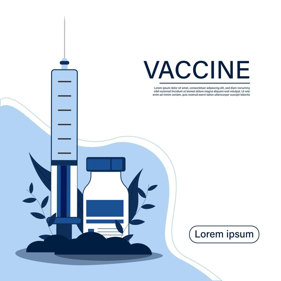 hora de vacinar. modelo de página de destino. conceito moderno e plano para web design. ilustração vetorial com seringa com vacina, garrafa e vírus. vetor