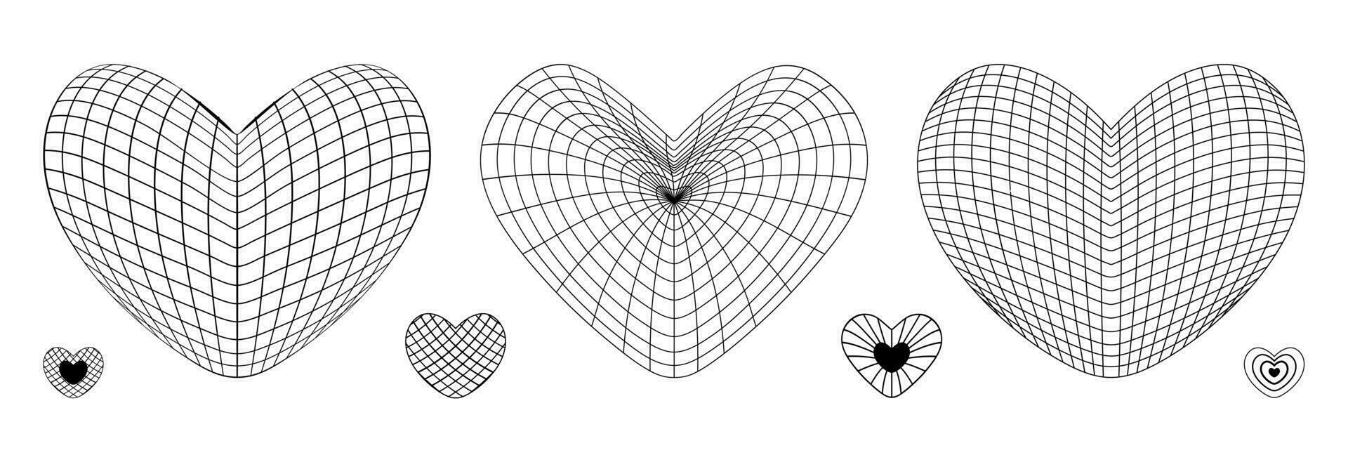conjunto do Preto estrutura de arame coração formas em branco fundo. futurista rede figuras dentro ano 2000 retro estilo. vetor