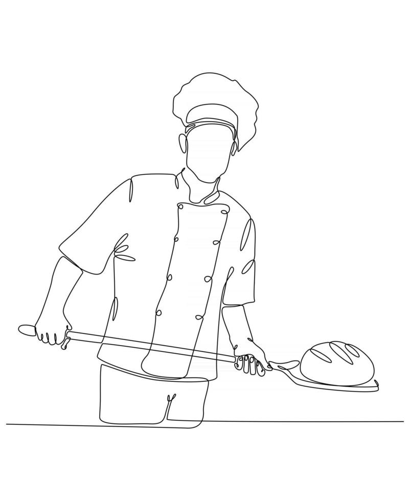 desenho de linha contínua do homem padeiro cozinhando pão. ilustração vetorial vetor