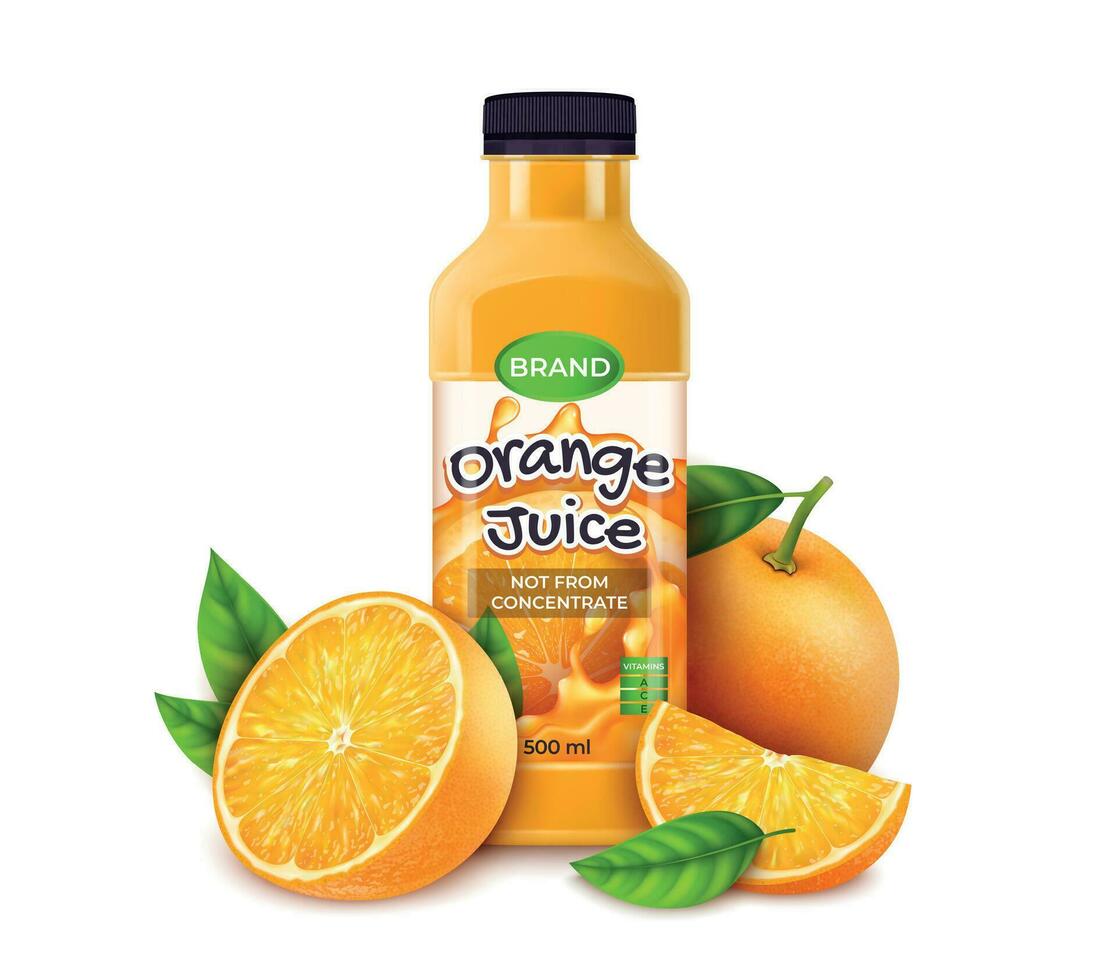realista detalhado 3d laranja suco plástico garrafa com citrino fruta . vetor
