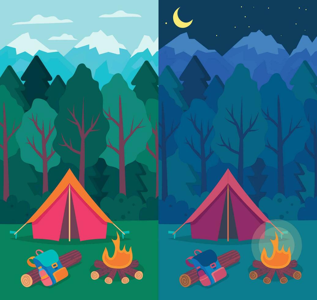 desenho animado cor verão acampamento e panorama cena conceito. vetor