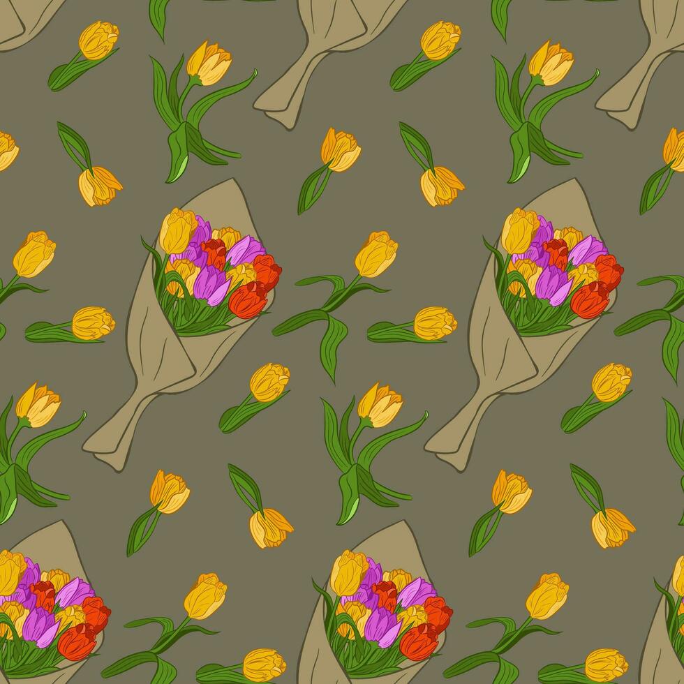 vetor plano grupo dentro construir papel. floral seamles padronizar do colori tulipas e buquês. perfeito para invólucro papel, fundo, papel de parede, têxtil, bandeira